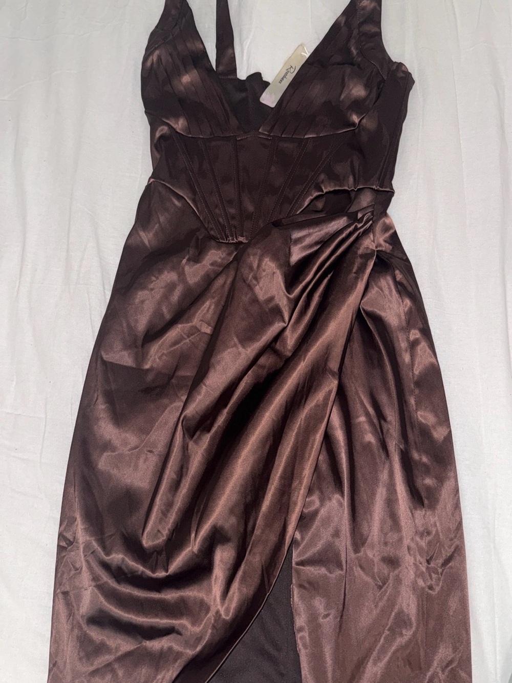Satin V-Neck Midi Dress in Brown